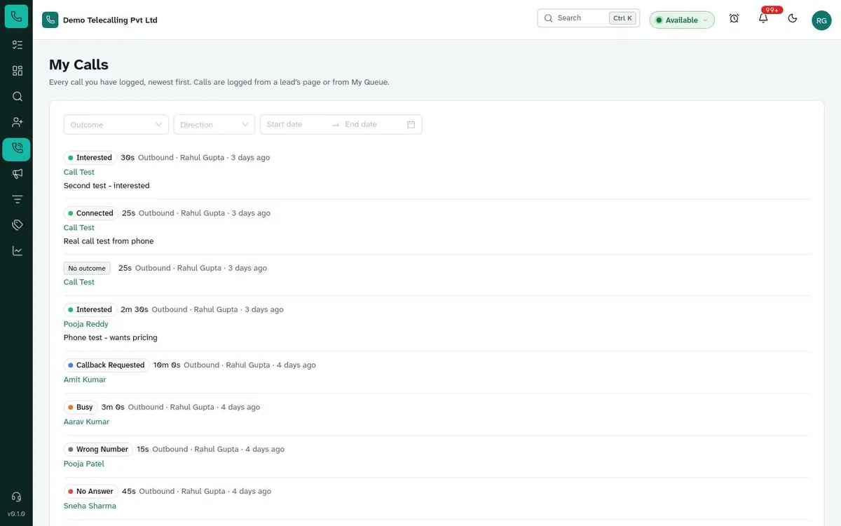 Call log with outcomes and durations