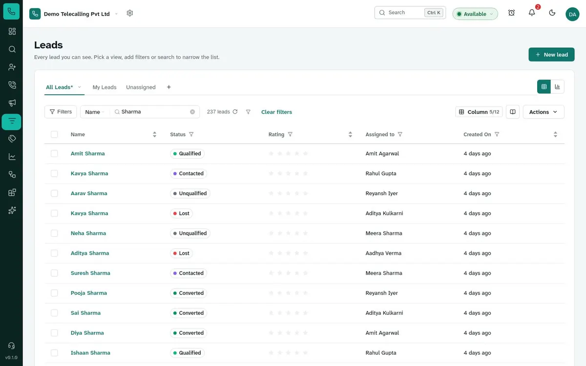 Leads list filtered by a search